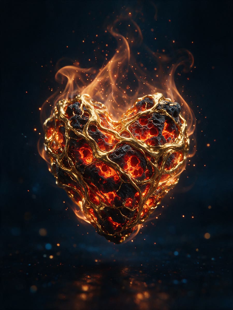 BRASA — corazón de brasa ardiente con venas de oro fundido