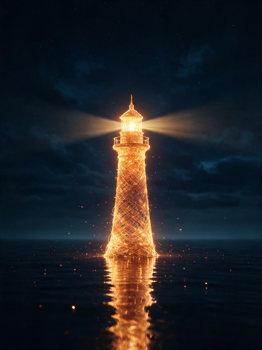 FARO — escultura de luz: un faro de filamentos dorados sobre un mar oscuro