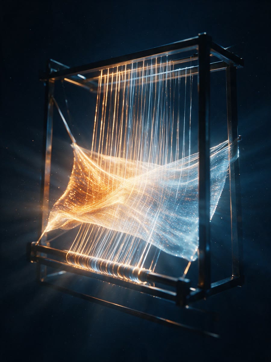 TELAR — telar que teje hilos de luz ámbar y azul hielo
